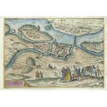 Hungary -- Györ (Iaverinum vulgo Rab), bird's eye view, old col. Copper engraving from ''Civitates