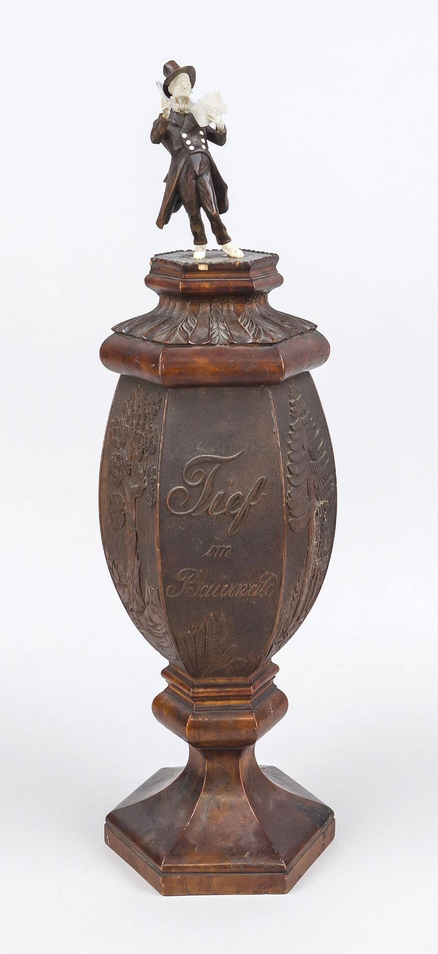 Large lidded goblet with the figure of a conductor, 2nd half 19th century, turned and carved wood