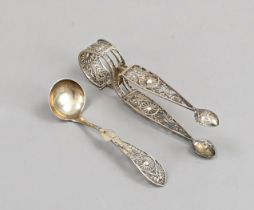 Sugar tongs and small ladle, German, probably East Frisian, silver 13 solder (812.5/000), filigree