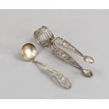 Sugar tongs and small ladle, German, probably East Frisian, silver 13 solder (812.5/000), filigree