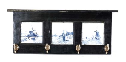 Dutch coat rack, black lacquered wood with three Delft tiles, four hooks, 30 x 70 cm