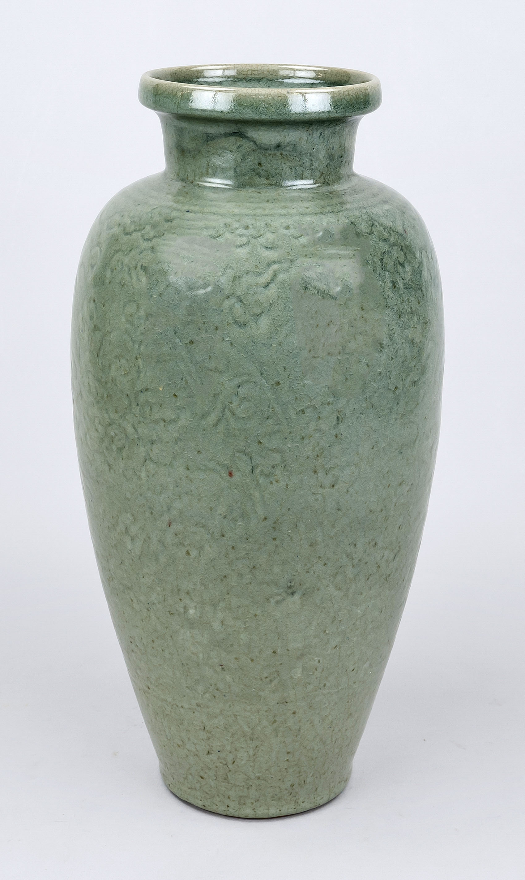 Longquan celadon vase, China 19th century (Qing) or earlier? Molded/cut vegetal decoration, unglazed