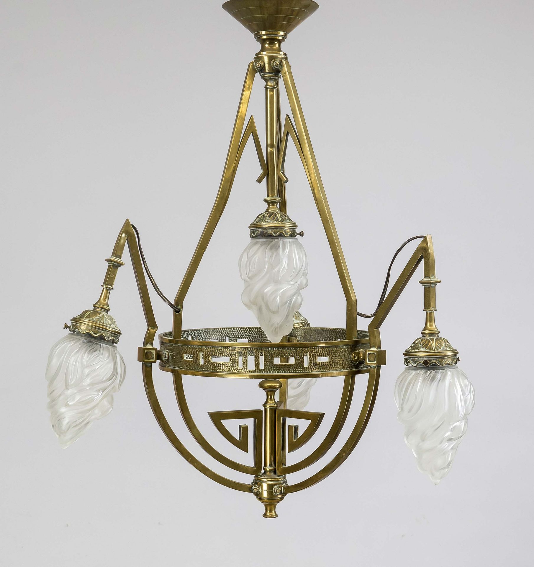 Ceiling lamp, late 19th century, three-pass brass frame with pointed volutes and openwork wreath.