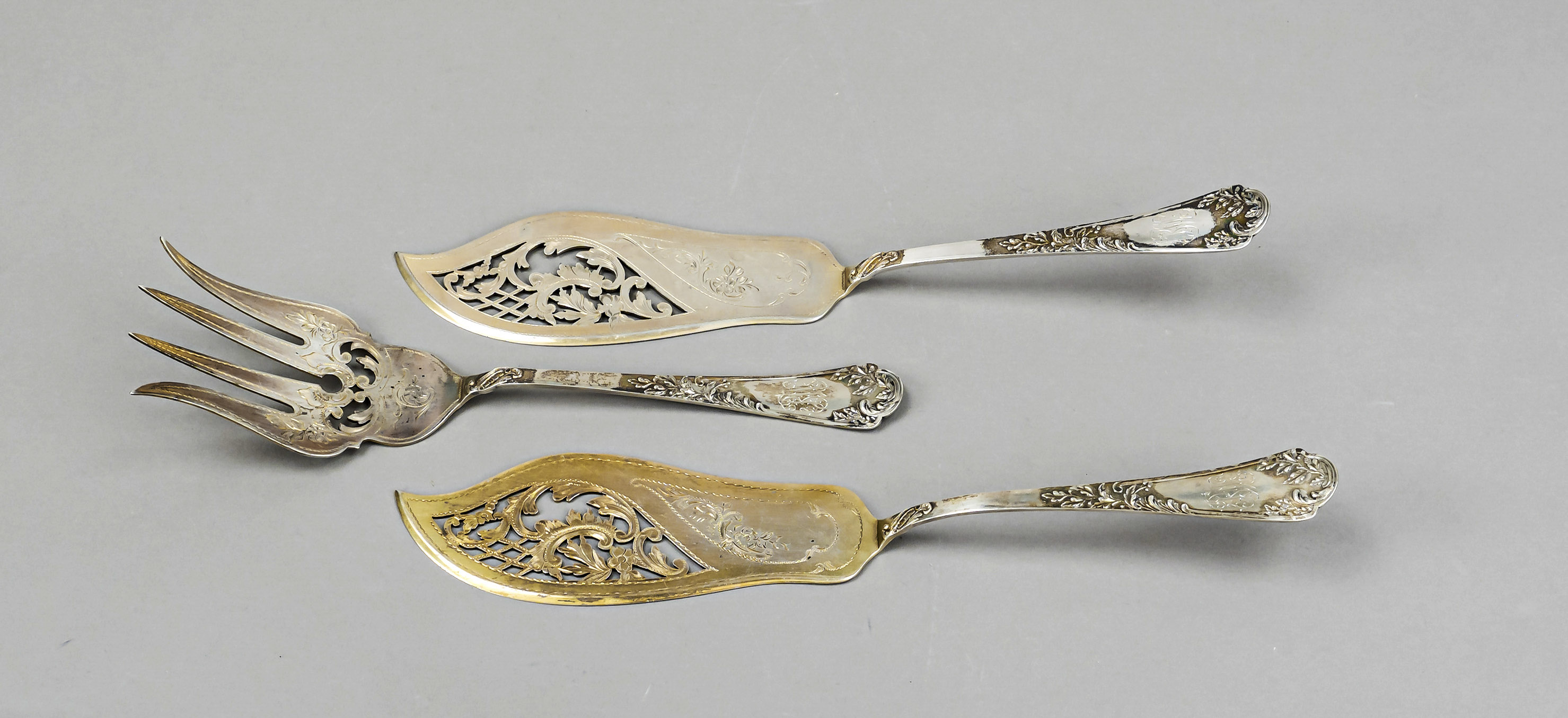 Three-piece fish serving set, German, early 20th century, MZ, jeweler's mark, silver 800/000, 2