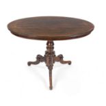 Oval late Biedermeier table, mid-19th century, walnut, round column shaft on three curved legs, 74 x