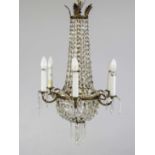 Ceiling lamp, late 19th century. Ornamented brass wreaths with crystal glass hangings. 6 short,