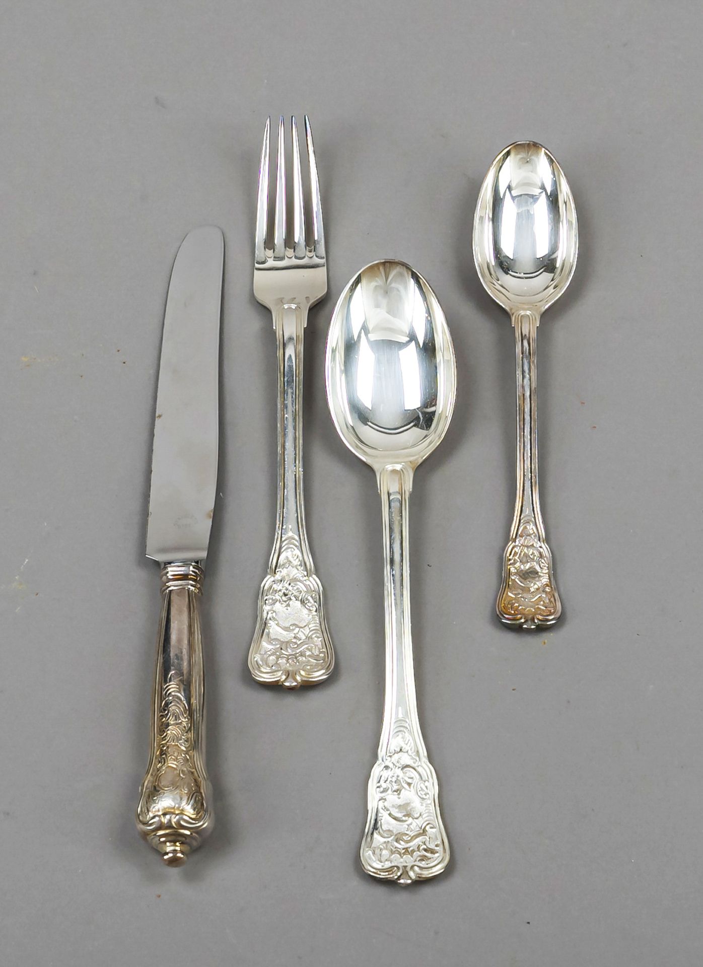 48 pieces cutlery, Denmark, 1980s, marked Georg Jensen, plated, Rosenborg model, 12 each knives,