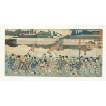 Woodblock print, Japan (Edo/Meiji), triptych of 3 oban formats. Paper slightly yellowed, colors