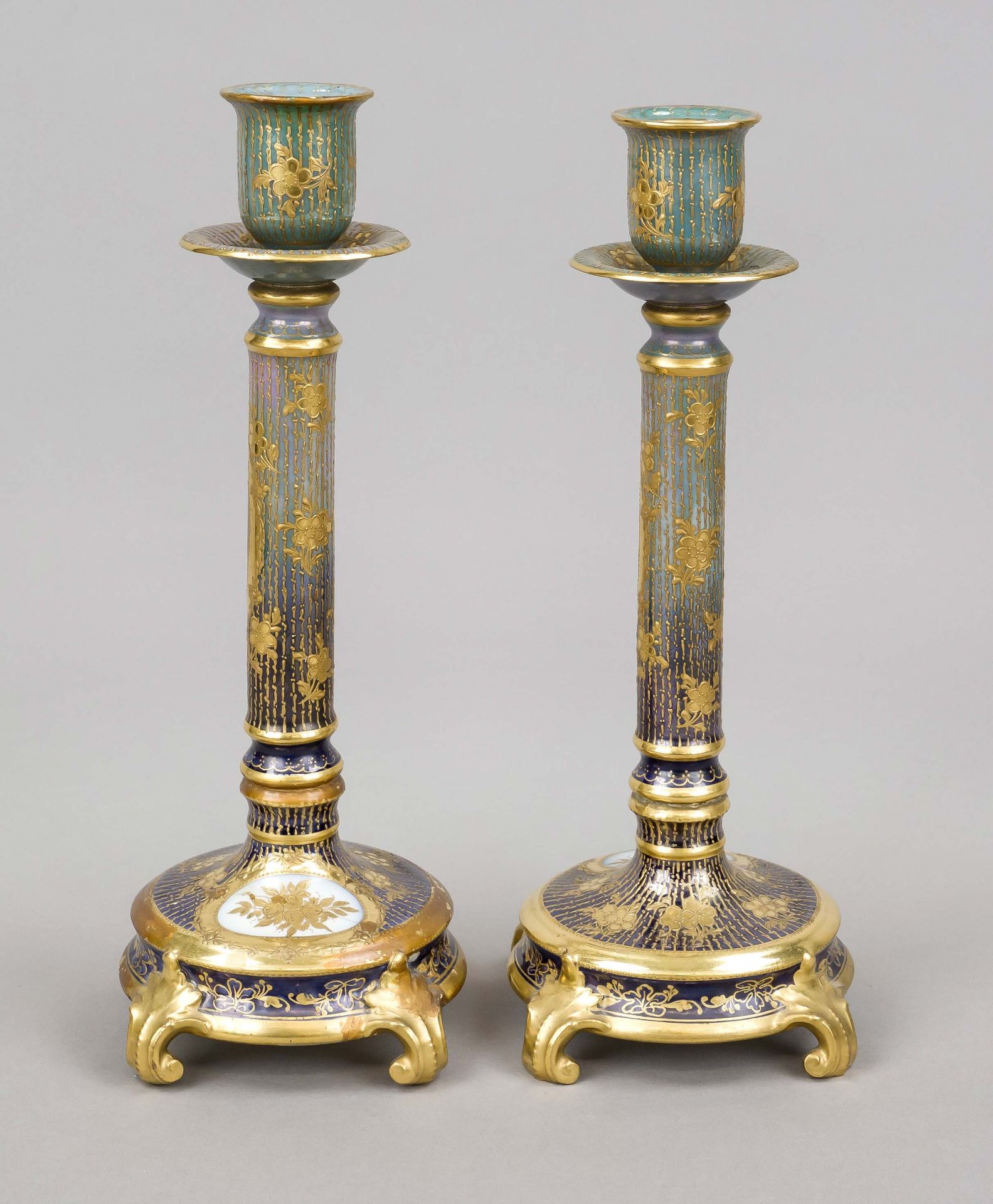 Pair of candlesticks, Carl Thieme, Potschappel, mark after 1918, round base on 4 volute feet, - Image 2 of 2