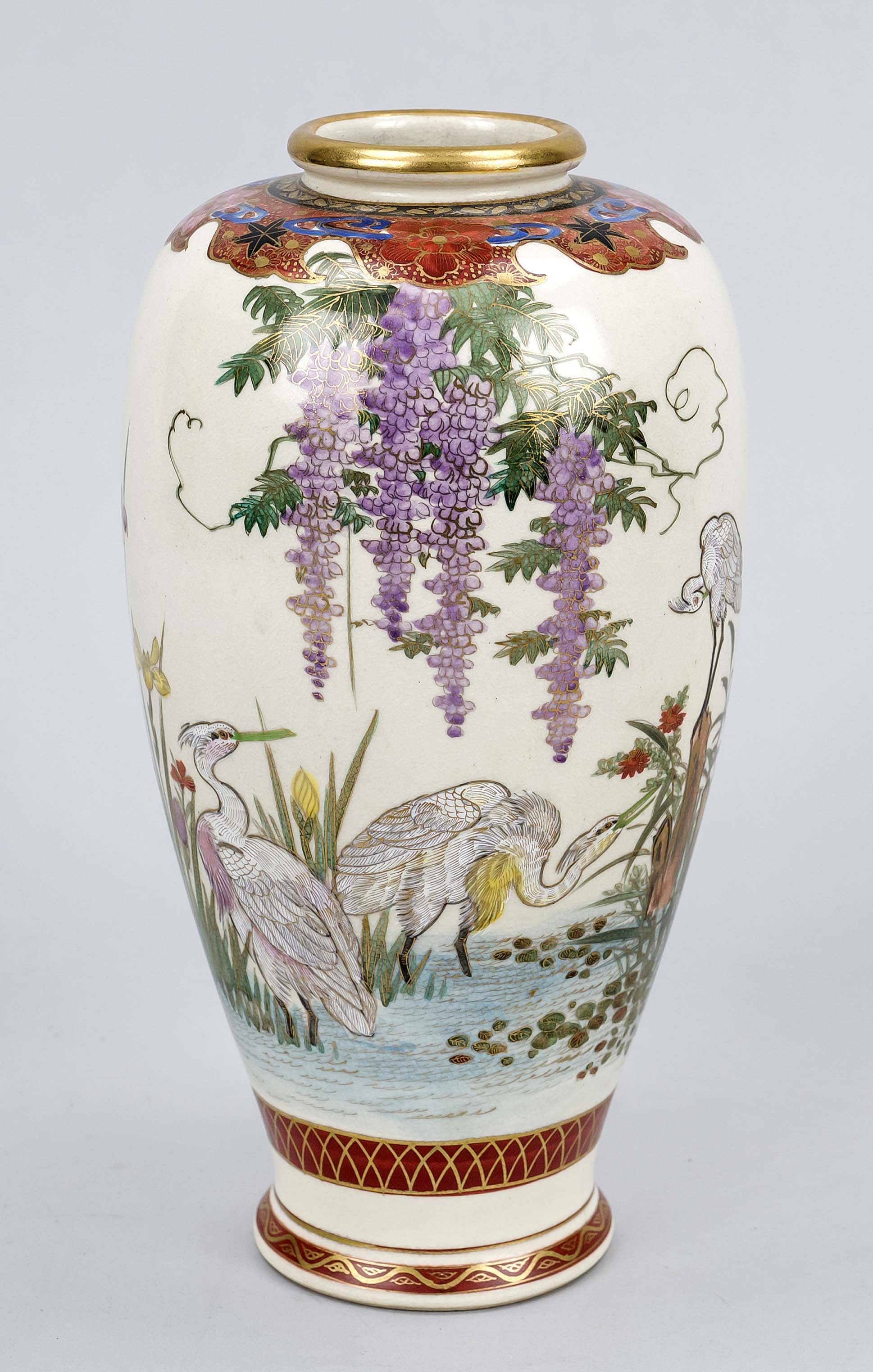 Satsuma vase, Japan, late 19th century (Meiji). Shouldered form with bulging lip rim. Revolving