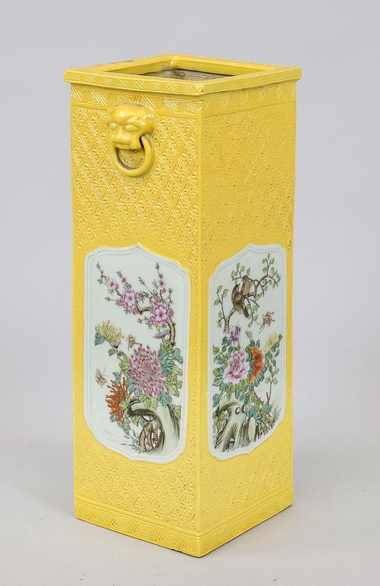 Large square, yellow-ground famille rose vase, China, 20th century All sides with matching curved - Image 2 of 2