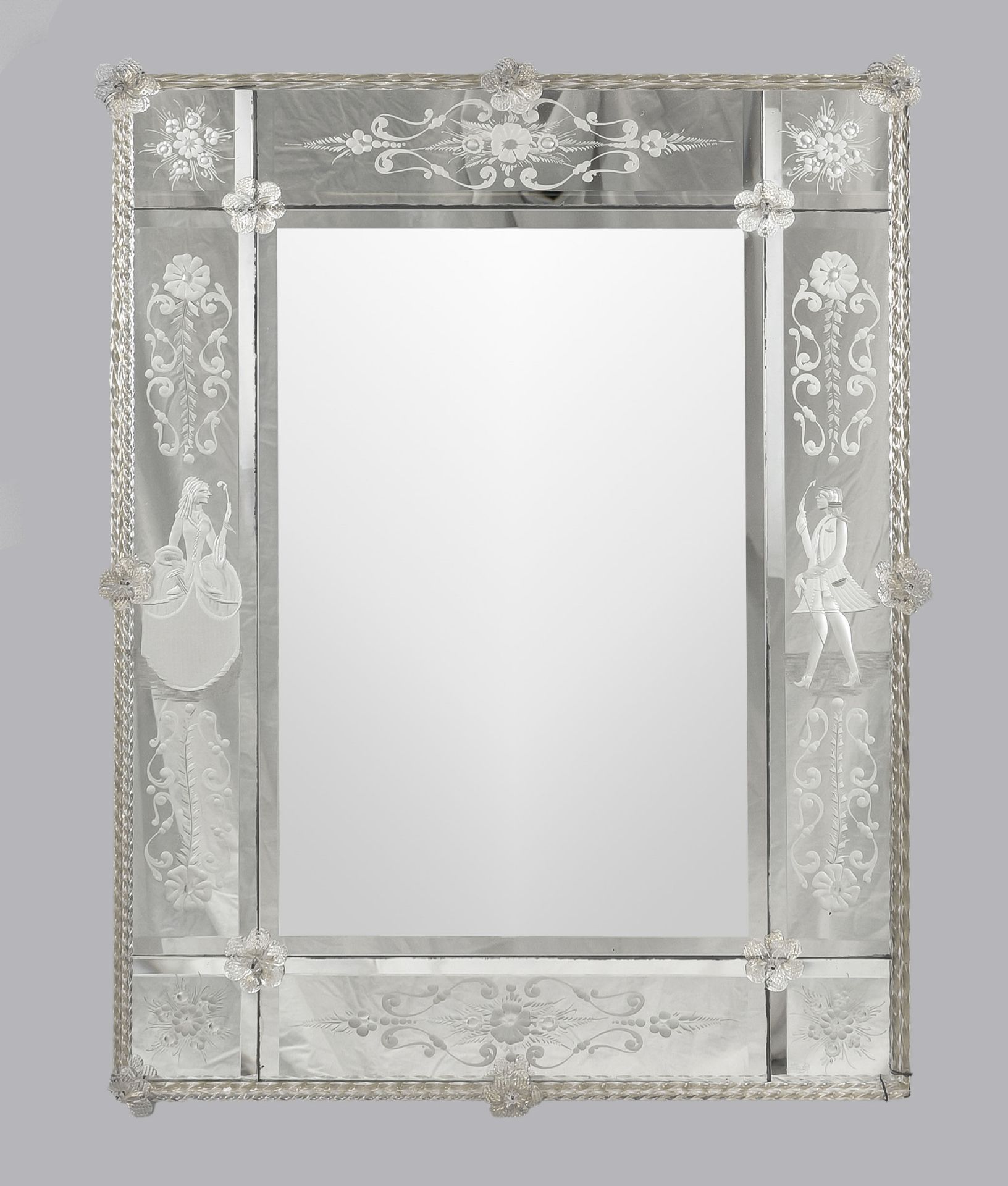 Venetian mirror, Italy 20th century, with applied decorative rods and flowers. Ornamental and