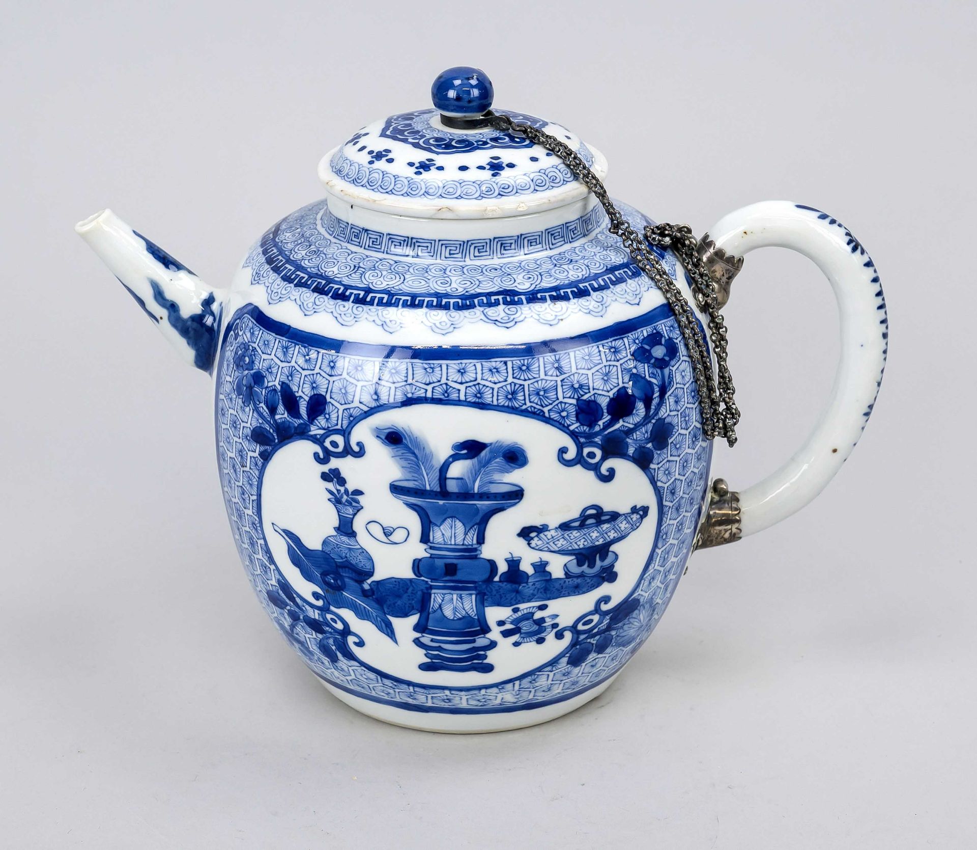 Large teapot with silver mount, China, probably 19th century (Qing). Kangxi style teapot with