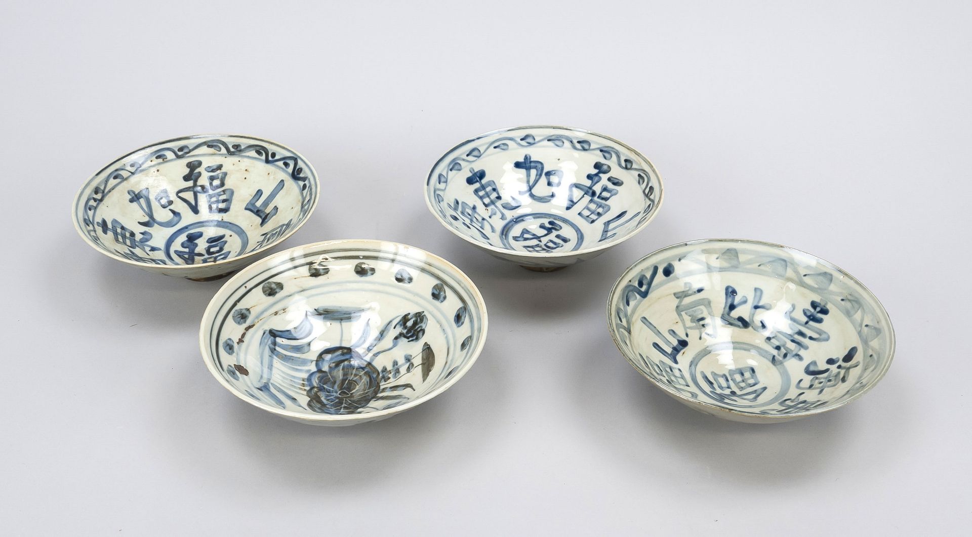 4 Bowls, China, exact age uncertain. Conical bowls with characters and border, slightly rubbed, d.