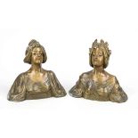 2 Art Nouveau busts ''L'Art'' and ''La Science'', two-tone patinated cast metal, unsigned, h. 22.5