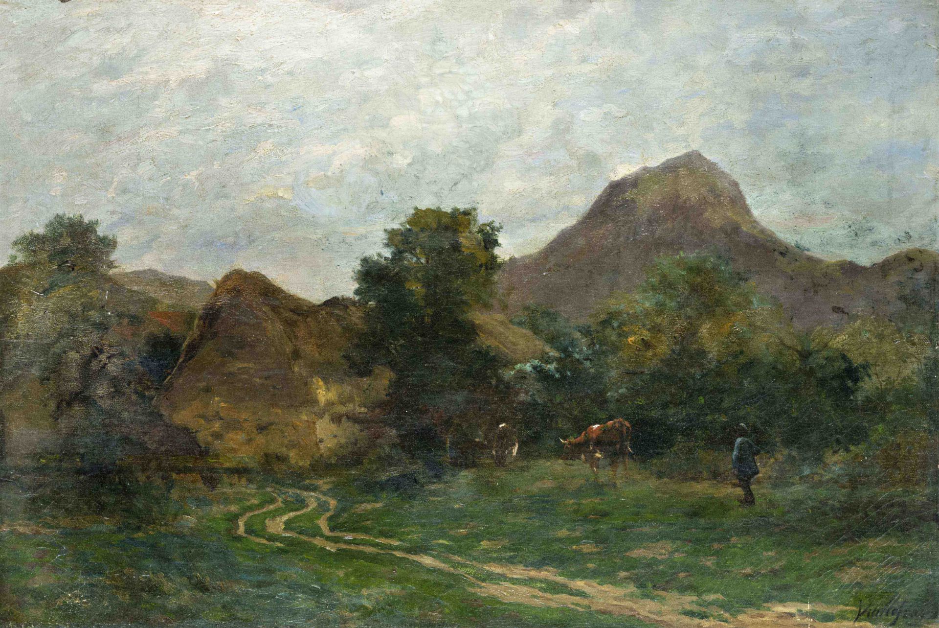 Félix Dominique de Vuillefroy (1841-1916), French painter, Landscape with cattle and shepherd, oil