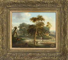 Flemish artist, c. 1700, small landscape with a central tree standing in a lake with two cows