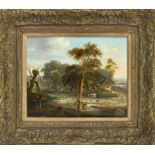 Flemish artist, c. 1700, small landscape with a central tree standing in a lake with two cows
