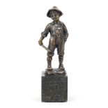 Anonymous sculptor c. 1900, boy with stick and dungarees, brown patinated bronze on serpentine