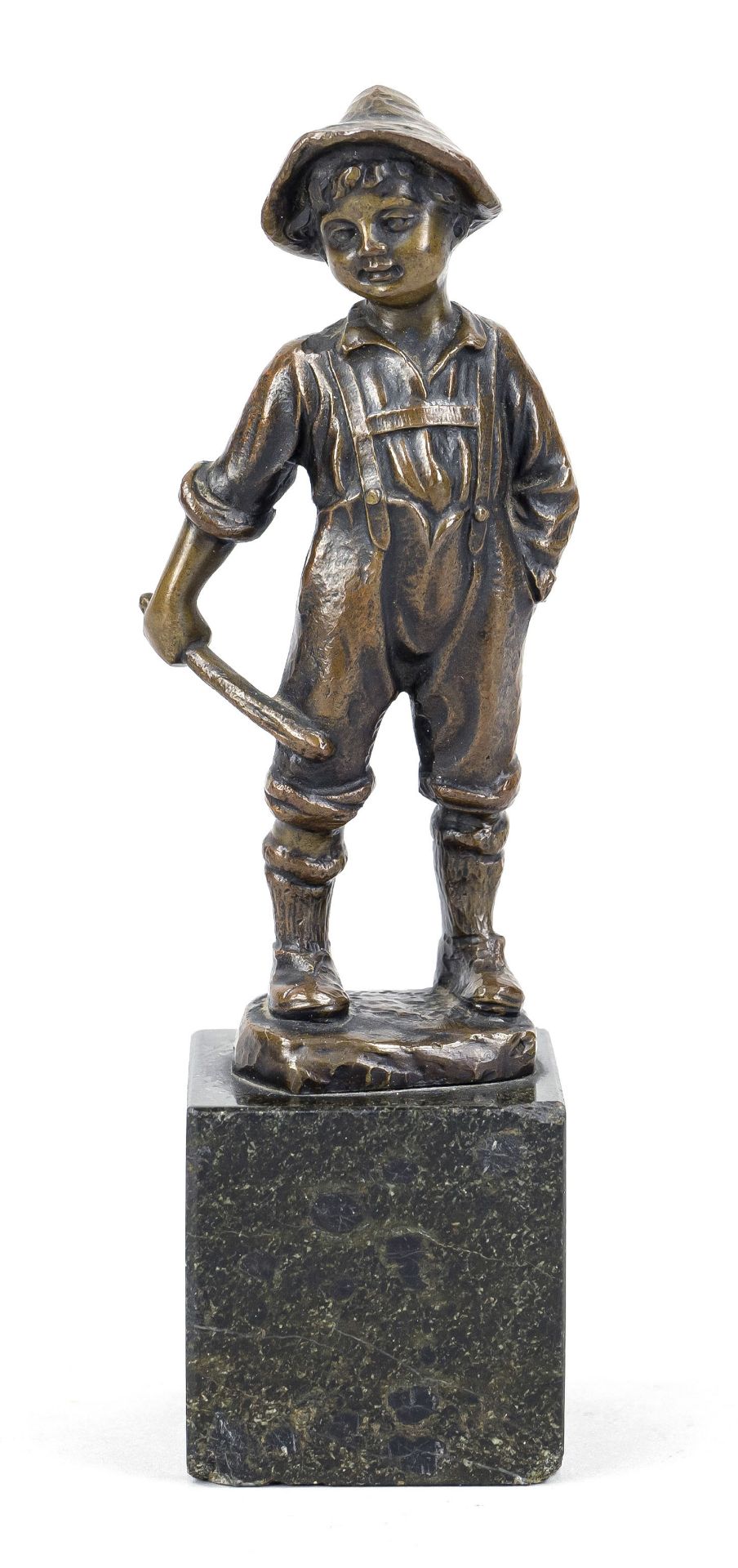 Anonymous sculptor c. 1900, boy with stick and dungarees, brown patinated bronze on serpentine