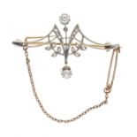 Art Nouveau brooch GG/WG 585/000 with 2 old-cut diamonds, total 0.42 ct l.tintedW/SI-PI and