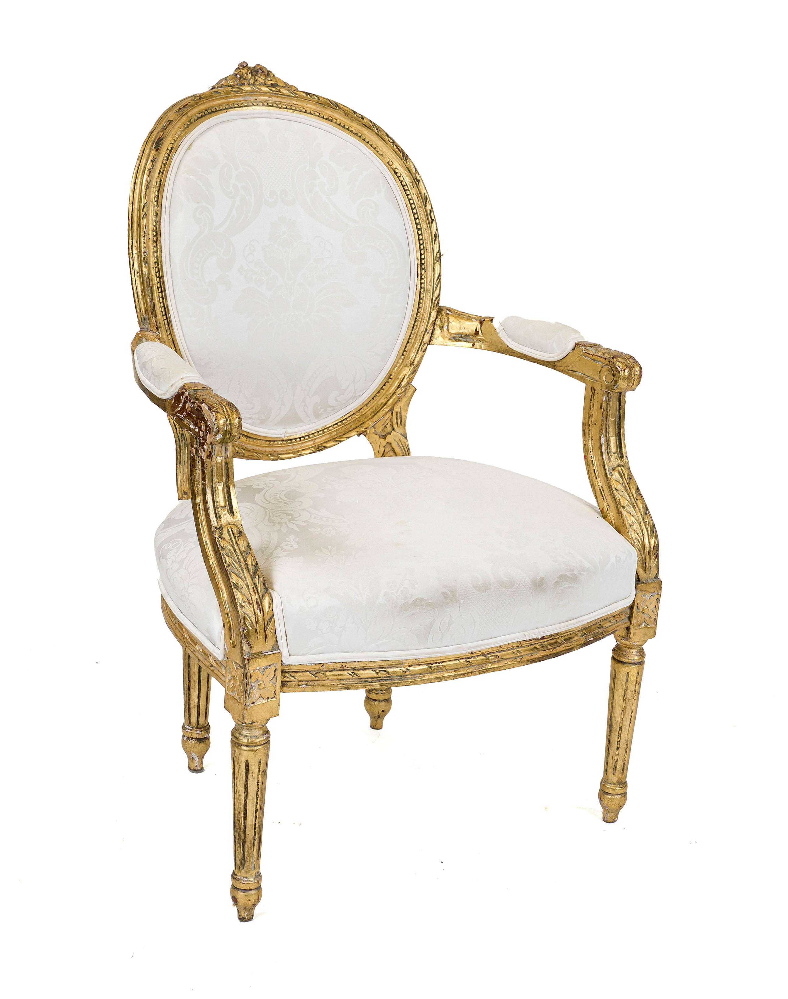 Louis-Seize style armchair, 19th century, carved and gilded beech wood, fluted, tapering legs,