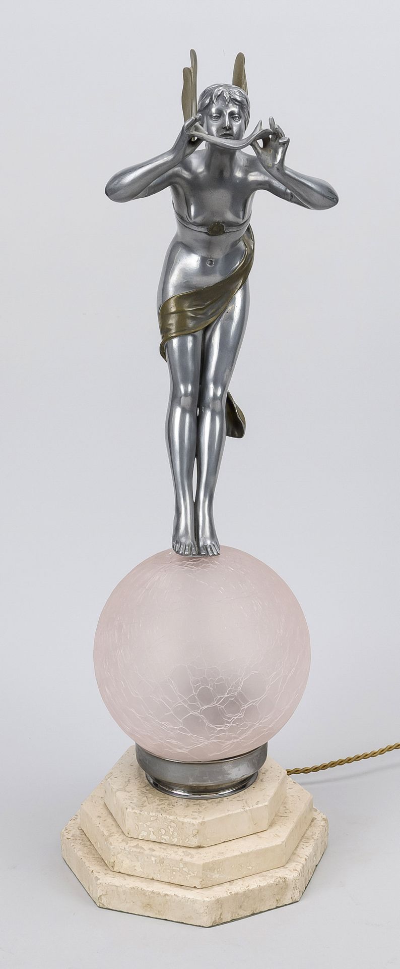 Figurative Art Deco lamp, 1930s. Cast pewter elf on a pink glass globe on a stepped, octagonal base, - Image 2 of 2