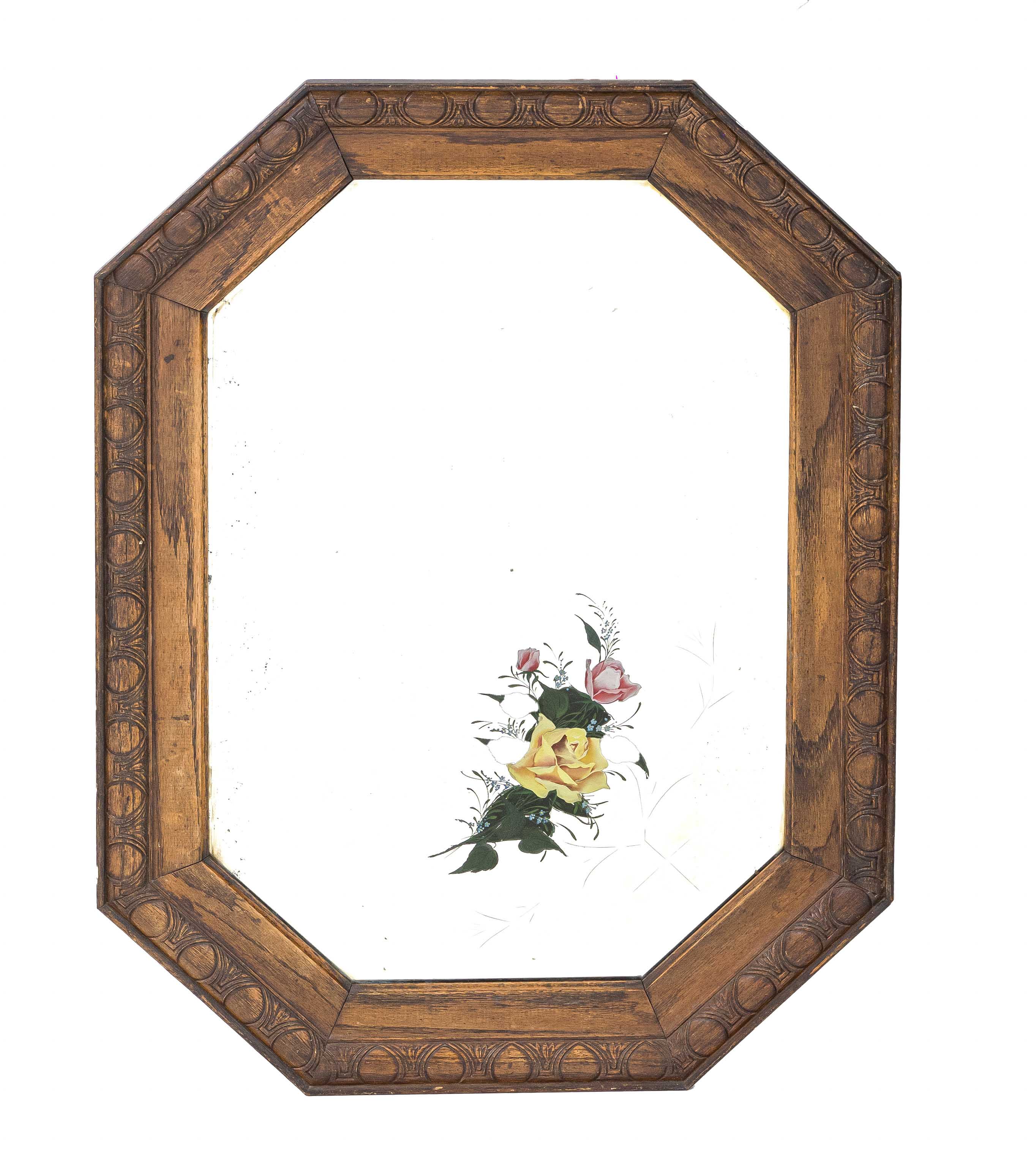 Wall mirror around 1900, oak, faceted mirror with floral cut, 95 x 70 cm