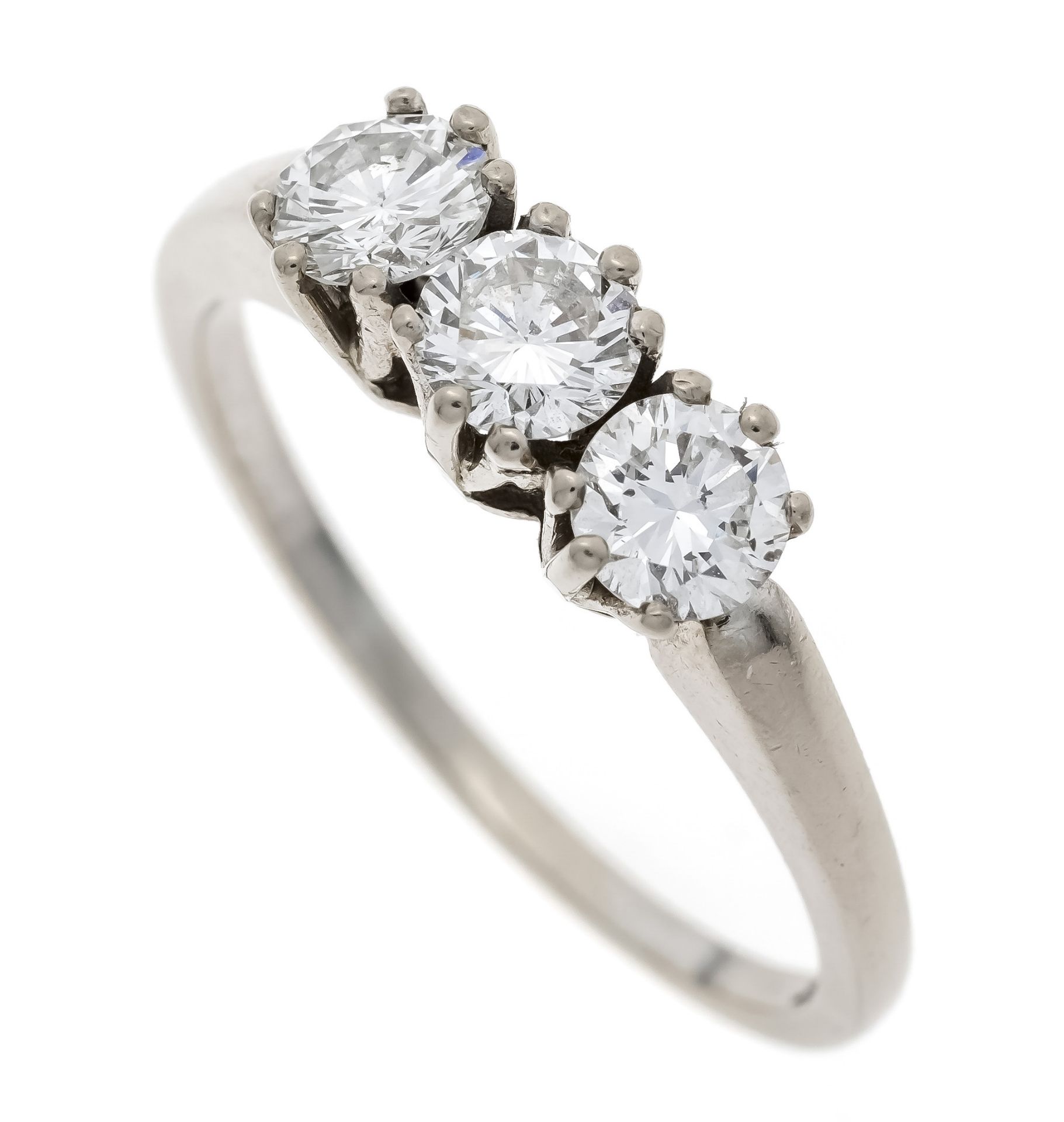 Brilliant ring WG 585/000 with 3 brilliant-cut diamonds, 0.33 ct, 0.31 ct, 0.30 ct, total 0.94 ct