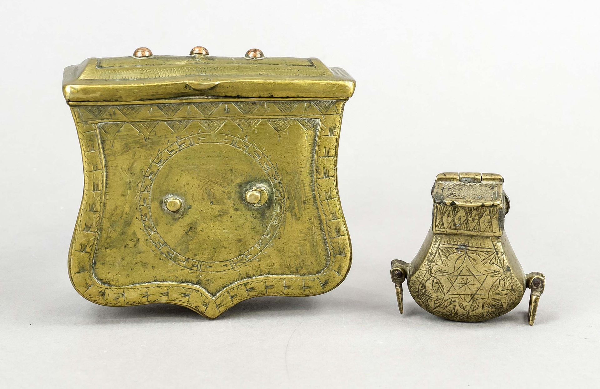 2 containers for gunpowder or cartridges, probably 19th century Ottoman, brass. One box with belt
