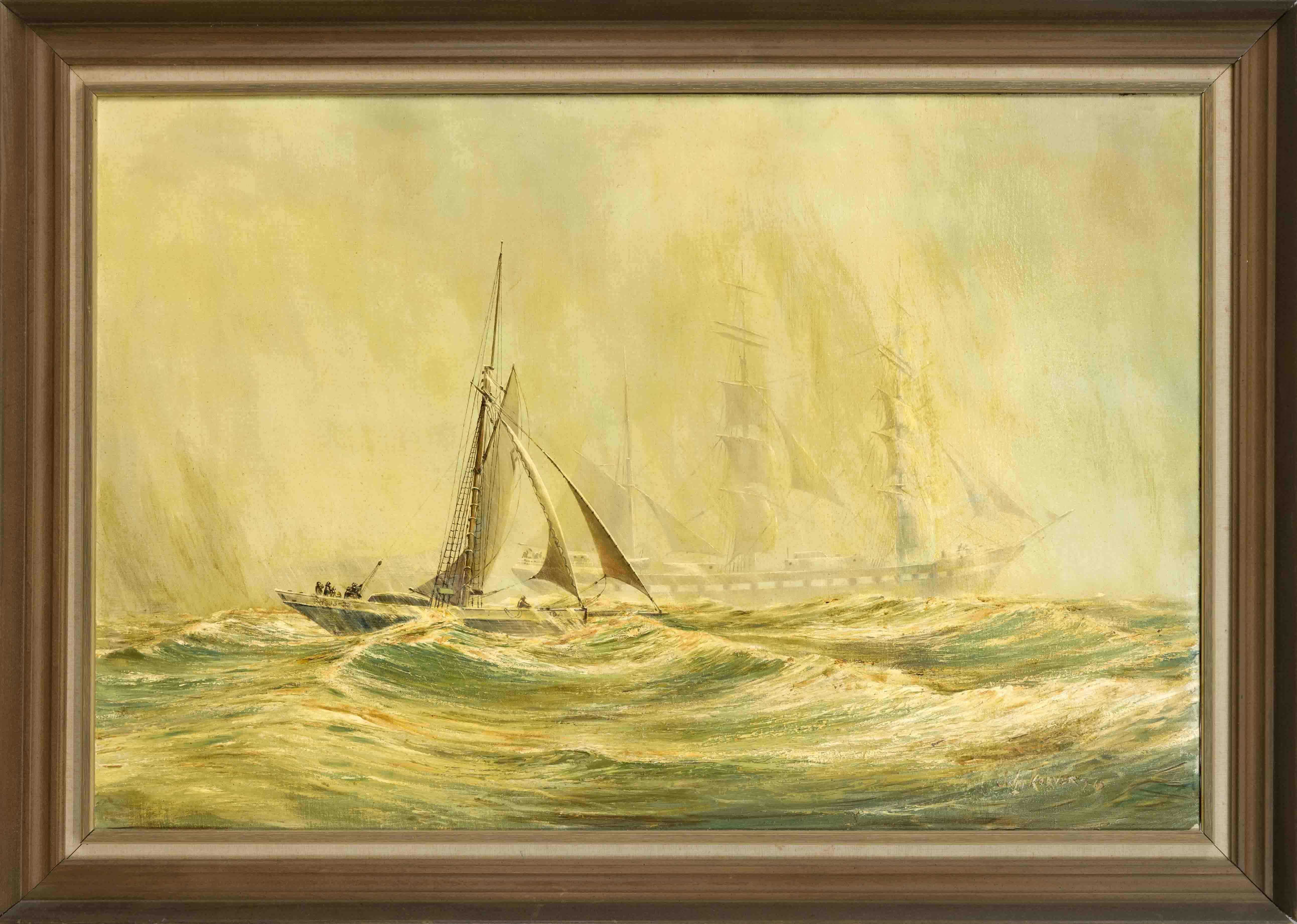 John Korver (1910-1988), Indonesian-American artist, seascape with tall ships, oil on canvas, signed