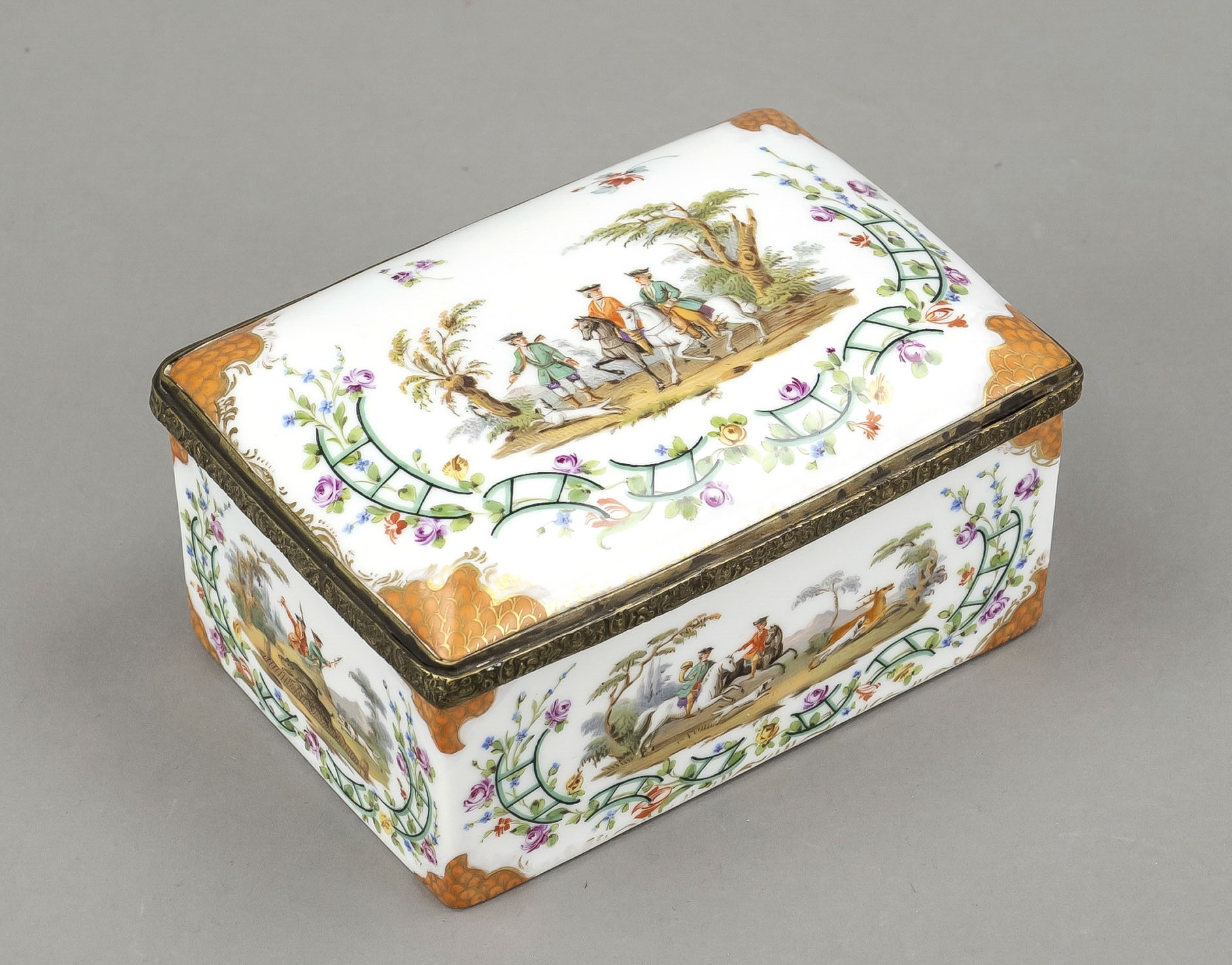 Lidded box in the style of 18th century KPM Berlin, unmarked, rectangular form with hinged, slightly