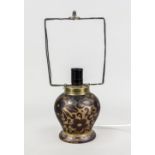 Table lamp base, 20th century, round stand, bulbous body, beige and brown glass with floral