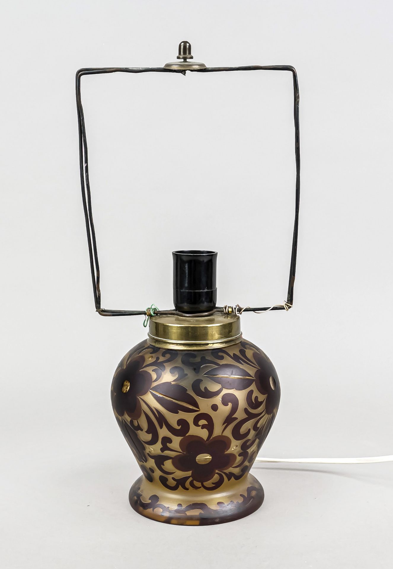 Table lamp base, 20th century, round stand, bulbous body, beige and brown glass with floral