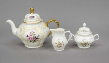 Tea set, 3-piece, Rosenthal, 20th century, Sanssouci shape, beige with ornamental gilding,