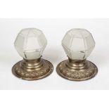 Pair of plafonds, late 19th century, ornamented brass frame, faceted shades of etched glass, rubbed,