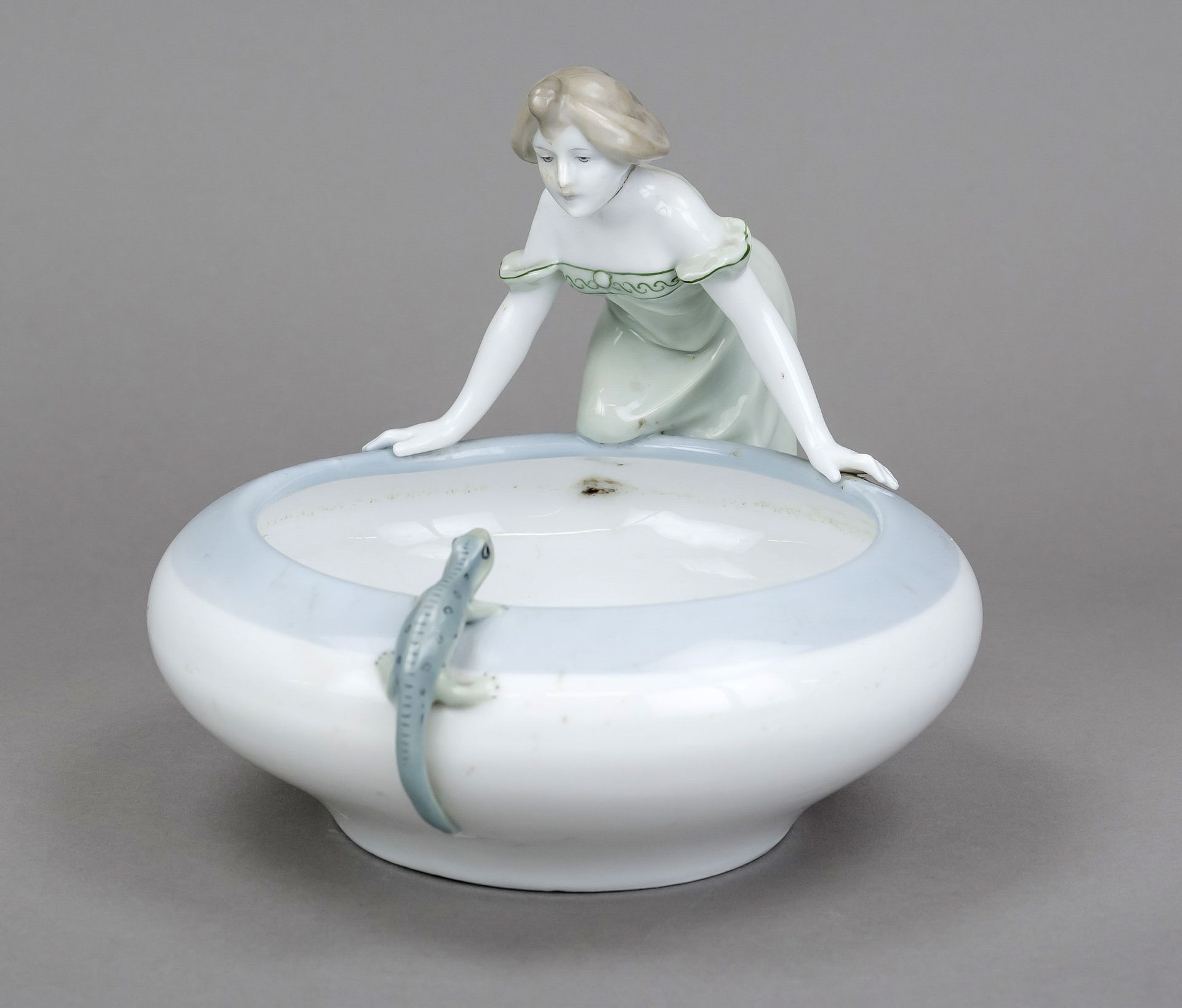 Figural Art Nouveau bowl, Metzler & Ortloff, Ilmenau, mark 1887-1972, girl bending at the edge of