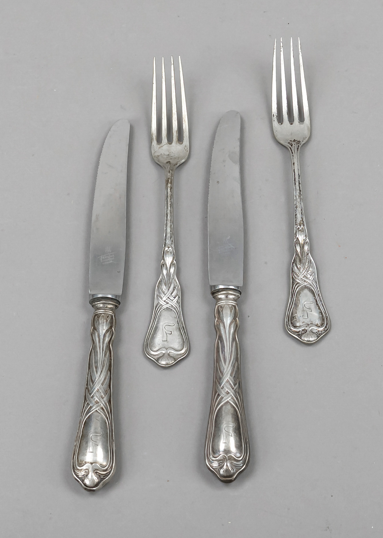 Eleven pieces Art Nouveau cutlery, German, early 20th century, maker's mark M. H. Wilkens & Söhne.