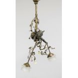 Ceiling lamp, late 19th century, floating putto surrounded by shrubs and leaves, 2 sockets with