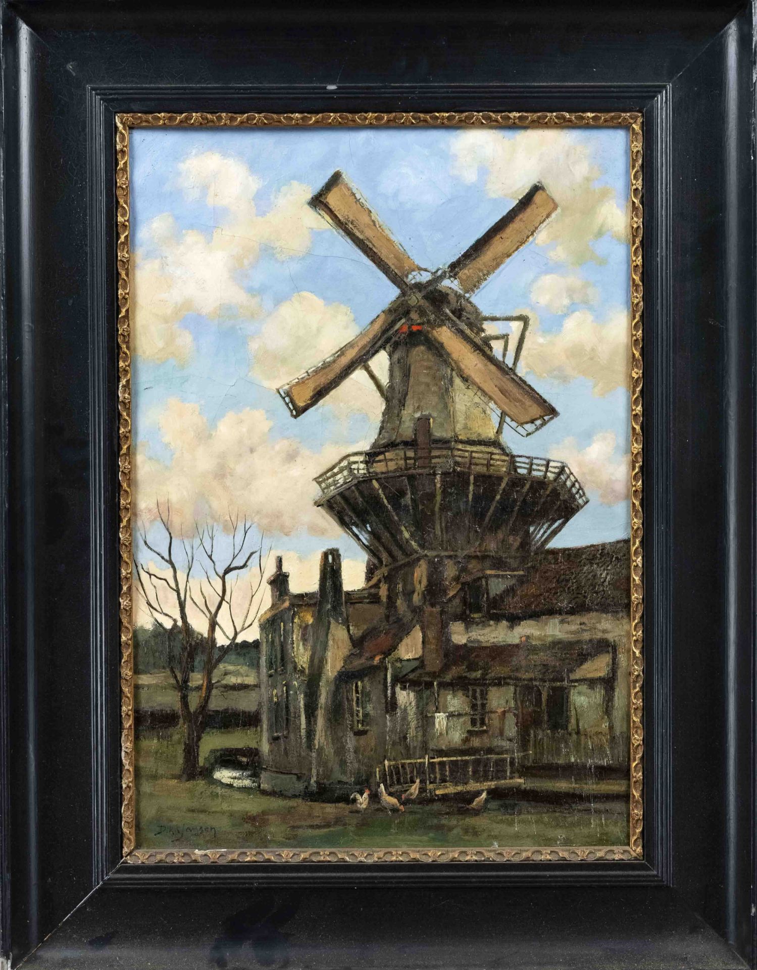 Dirk Jansen (1878-1952), View of a mill, oil on cardboard, signed lower left, heavily retouched,