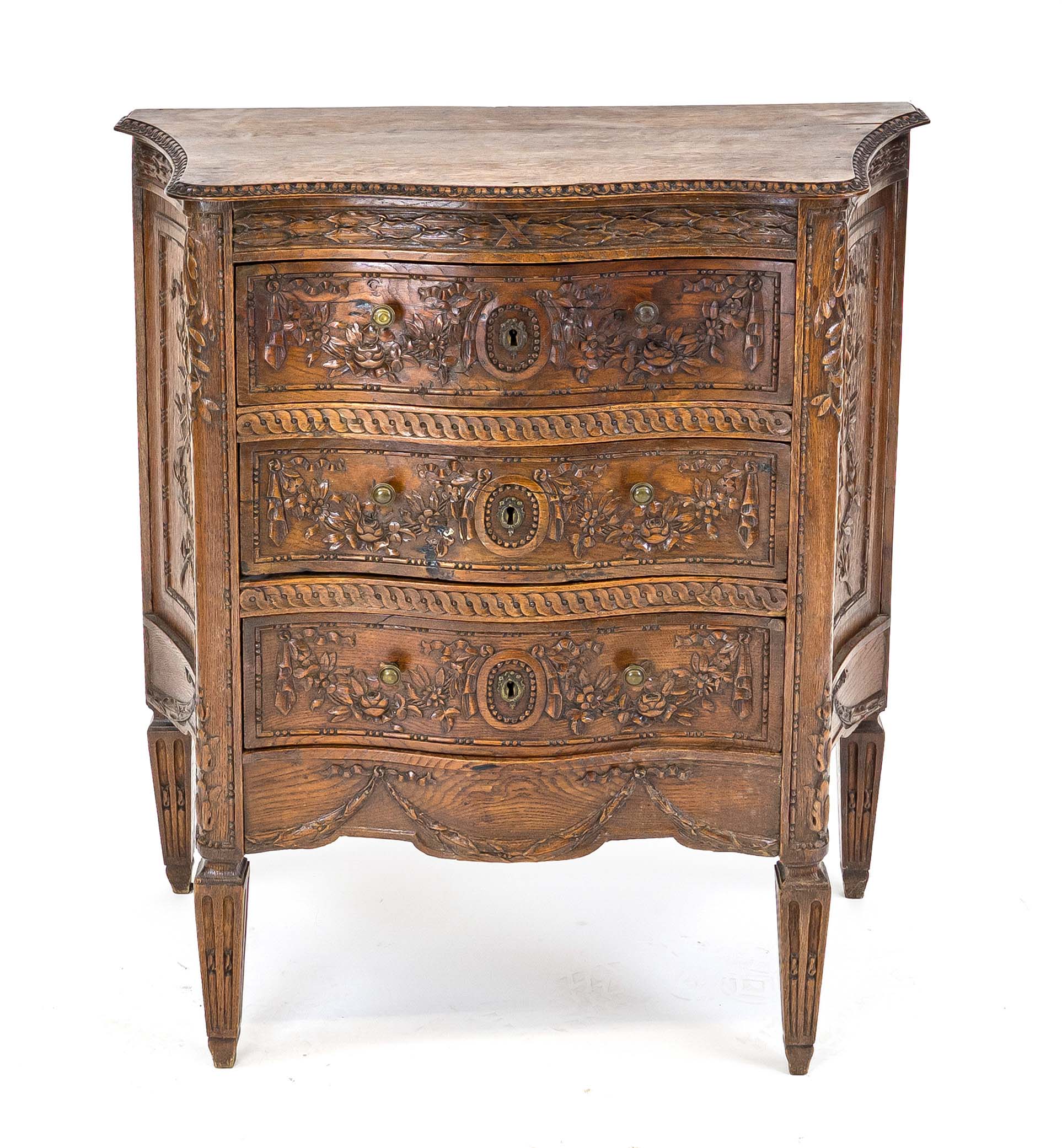 Classicist-style chest of drawers, 19th century, oak, 3-tier body with curved sides, carvings