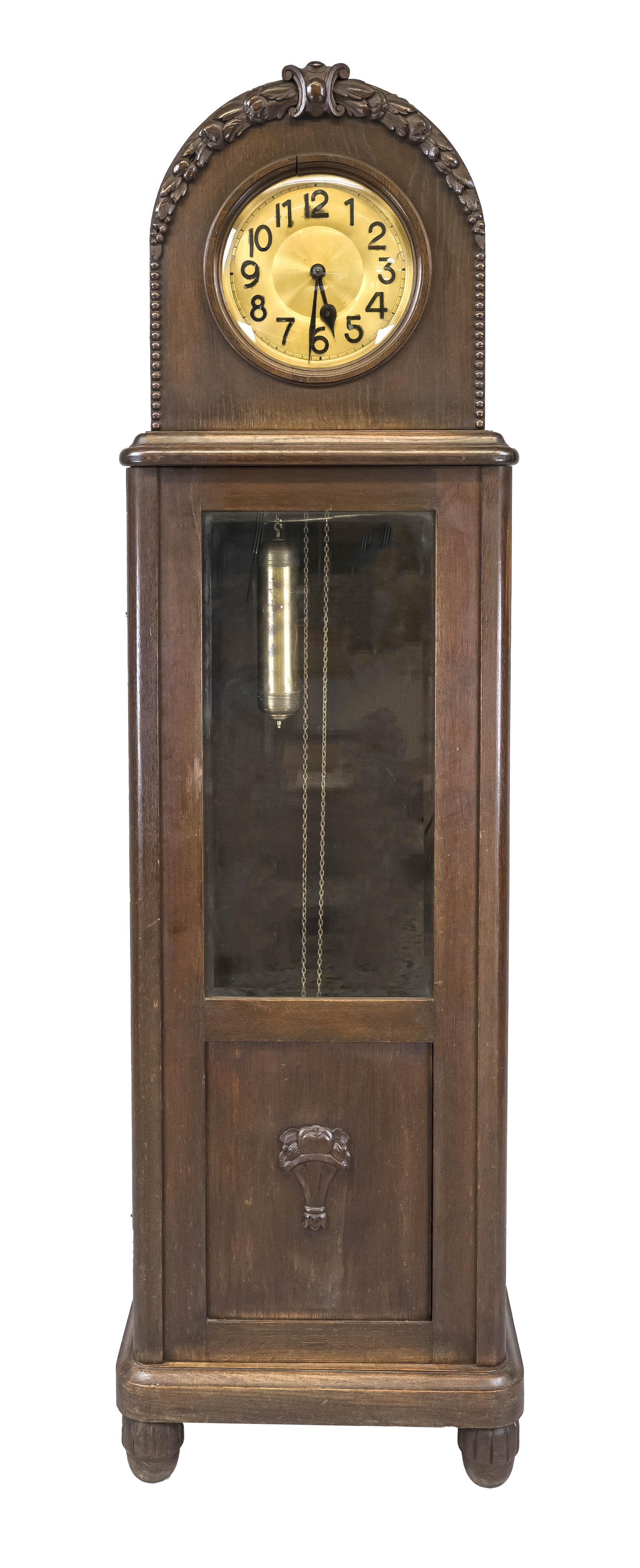 Grandfather clock, circa 1910, German, dark oak, round arch with domed glass, with carved beading