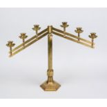 Chandelier with 6 lights, circa 1900, brass. Height-adjustable arms, hexagonal base and shaft,