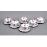 Six soup bowls with lids and saucers, Herend, 2nd half 20th century, Ozier form, purple flower