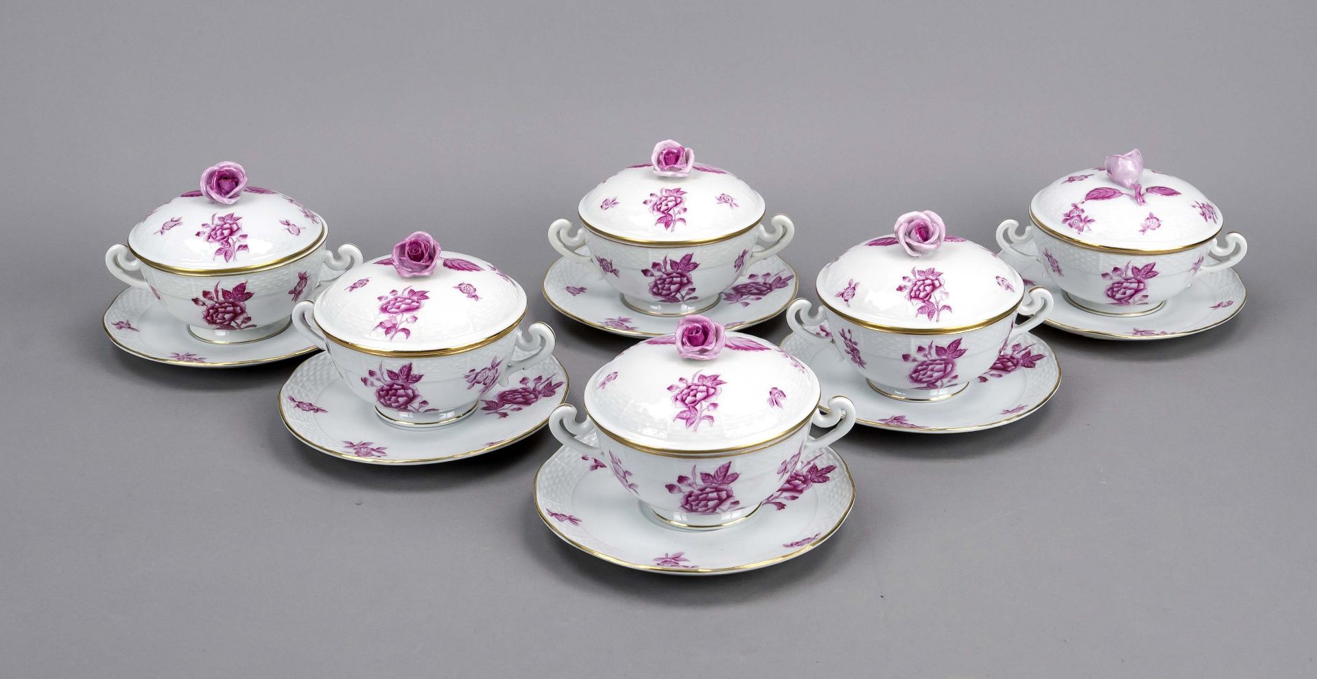 Six soup bowls with lids and saucers, Herend, 2nd half 20th century, Ozier form, purple flower