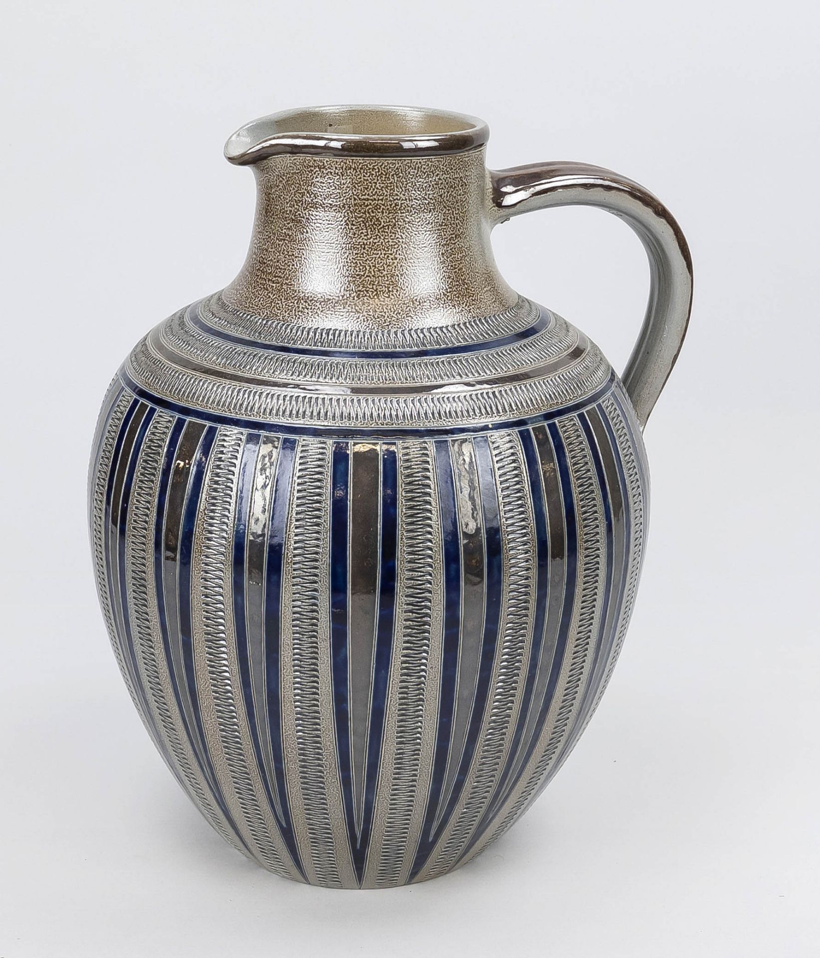 Westerwald jug with handle, 19th century, gray stoneware with salt glaze, geometric incised