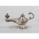 Small oil lamp, Egypt, 2nd half 20th century, hallmarked silver, flat, oval stand, curved body