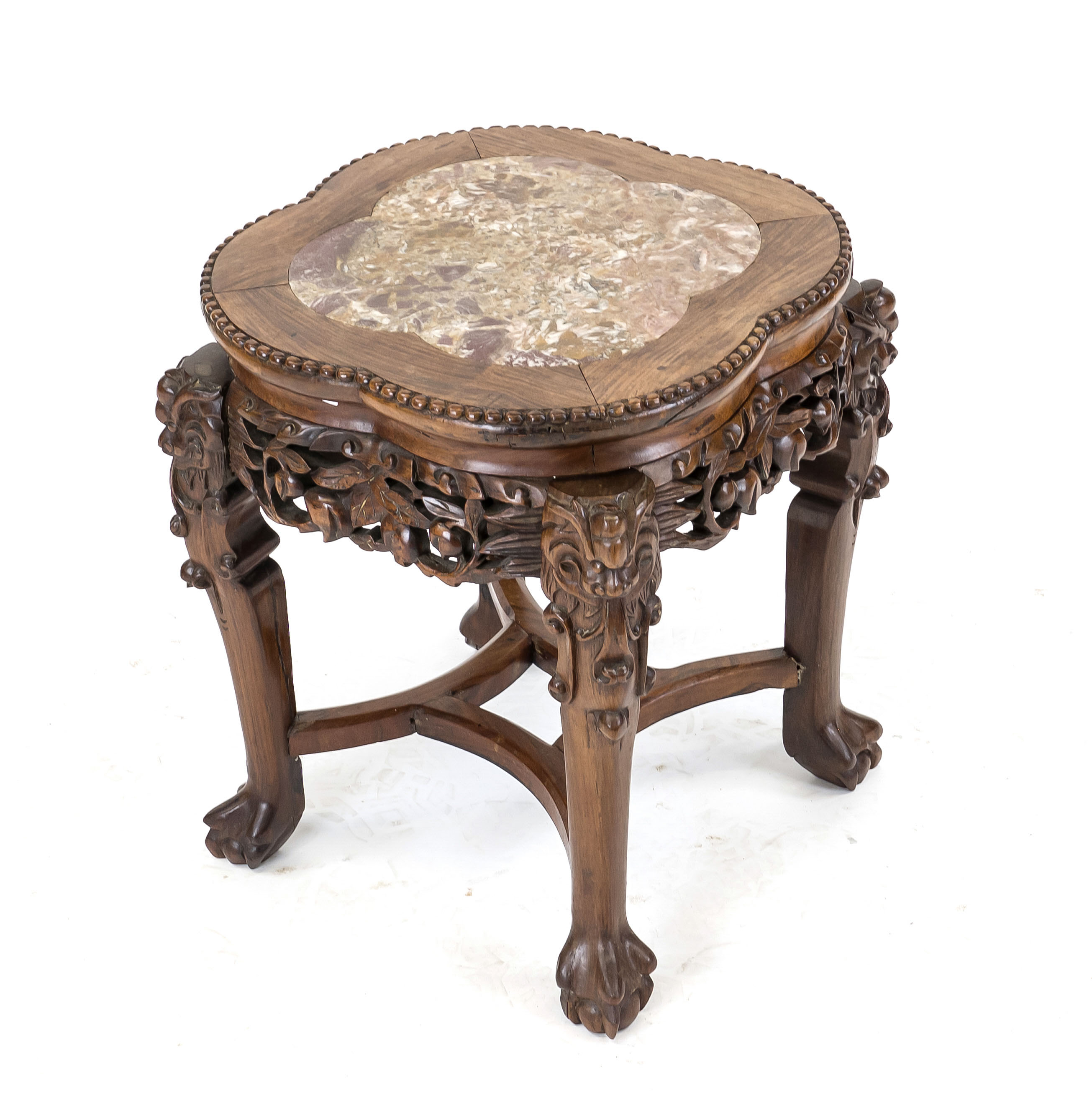 Small table, Asia, 1st half 20th century, dark, finely grained hardwood with stone inlay. Open-
