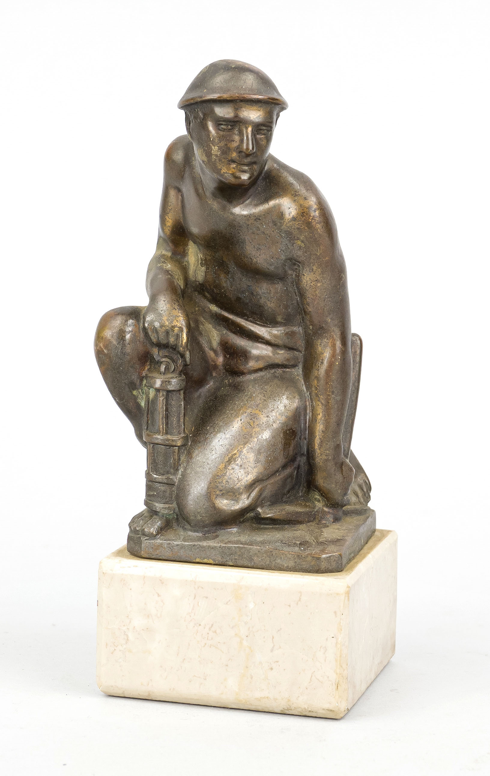 Unidentified monogramist 1st half 20th century, crouching miner with pit lanpe, patinated bronze,
