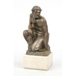 Unidentified monogramist 1st half 20th century, crouching miner with pit lanpe, patinated bronze,